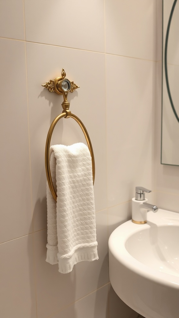A decorative golden towel ring holding a white towel in a modern bathroom setting.