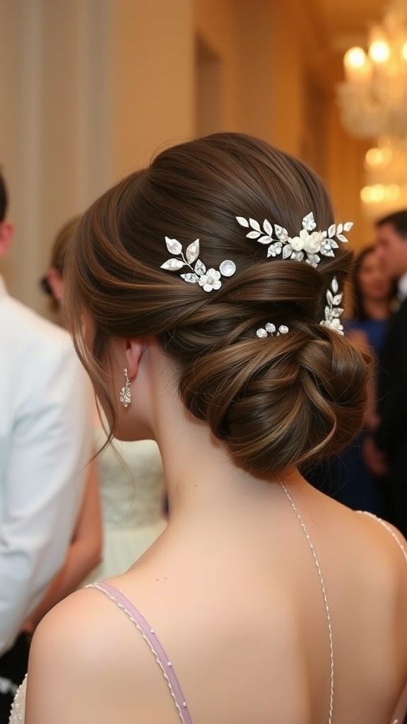 A woman with a half up claw clip hairstyle featuring elegant twists and floral hair accessories.