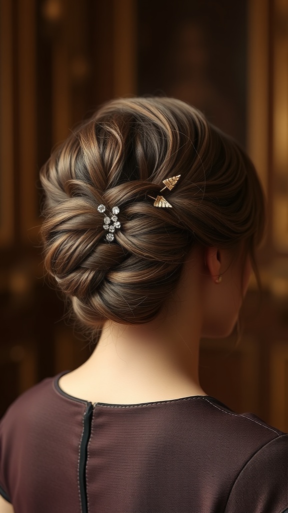 A stylish updo for short hair featuring a twisted bun and decorative hairpins.