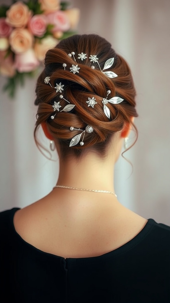 Elegant updo hairstyle for women with decorative pins and a bouquet of roses in the background