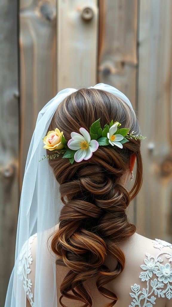 A bride's elegant updo hairstyle with floral accents and a flowing veil