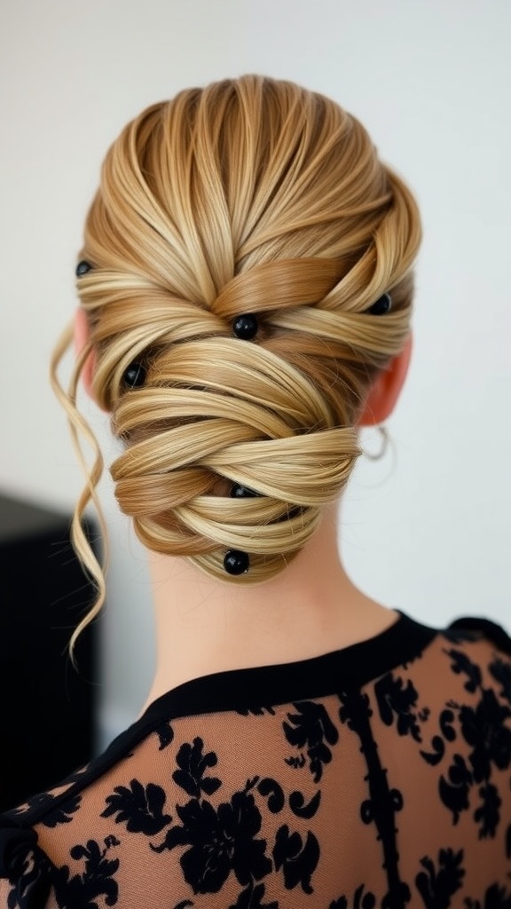 Elegant updo hairstyle featuring a side part and intricate twists with black accessories