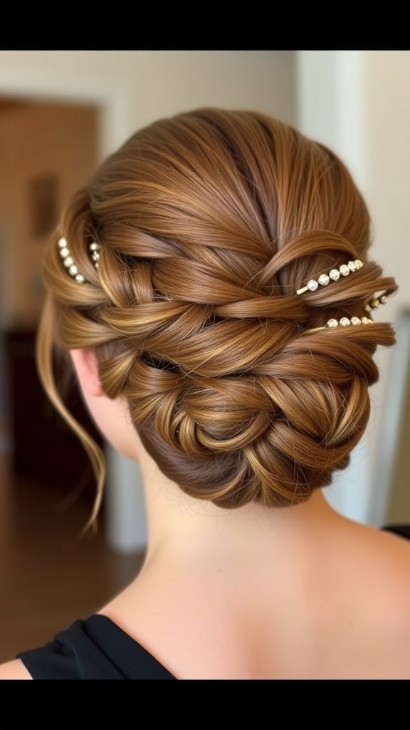 Elegant updo hairstyle with twists and pearls for short hair
