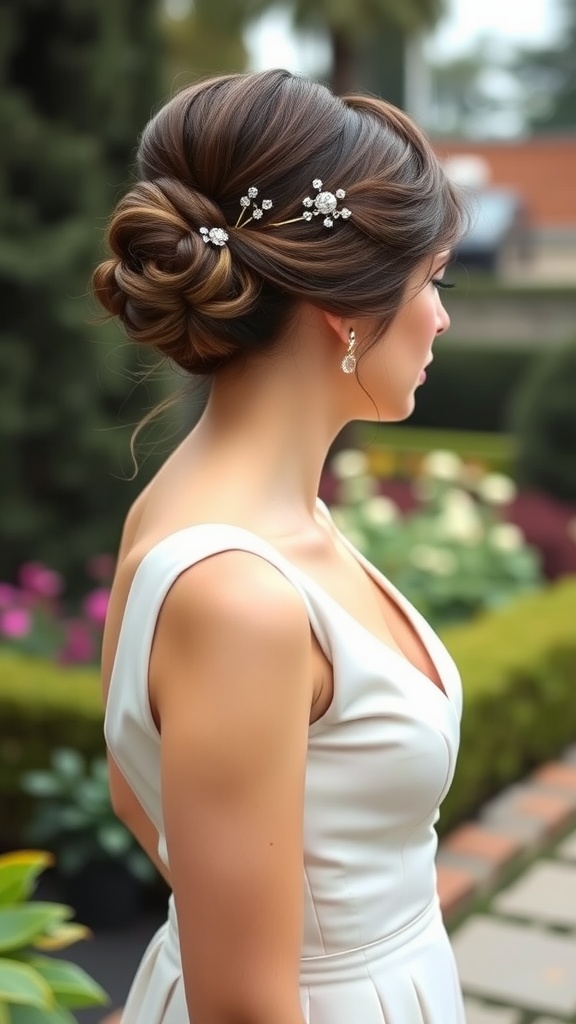 A beautiful hairstyle featuring an elegant updo with soft curls and delicate hair accessories, suitable for bridesmaids.