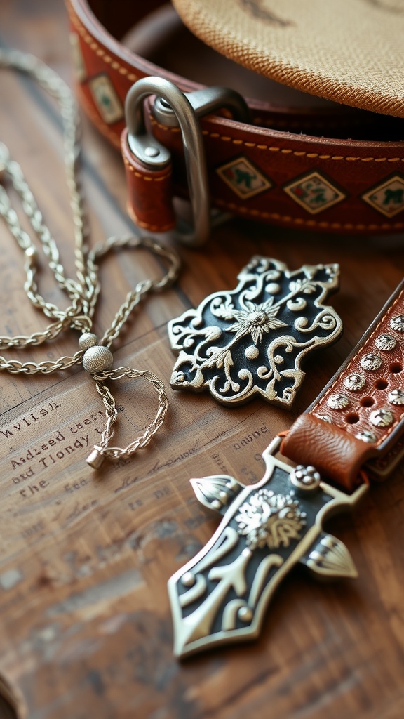 Western-inspired accessories including a leather belt, a necklace, and a belt buckle on a wooden surface.