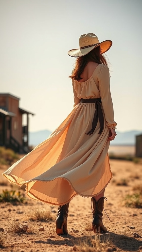 A woman wearing a beige flowy dress and cowboy boots, with a wide-brimmed hat, standing in a desert landscape.