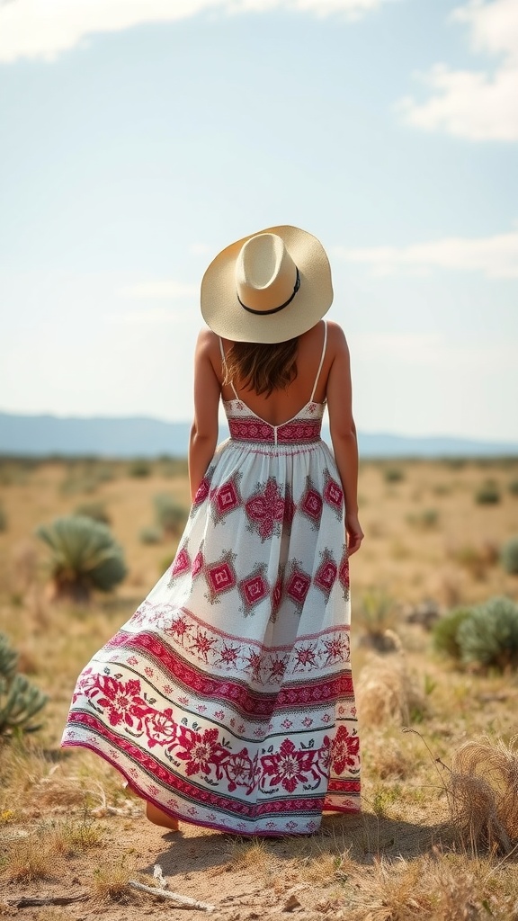 A woman in a Western-inspired maxi dress standing in a field with a wide-brimmed hat.