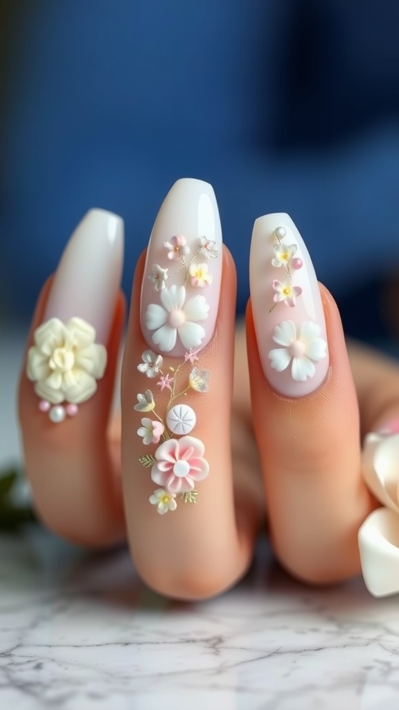 Elegant white almond nails with 3D floral accents showcasing delicate flowers.