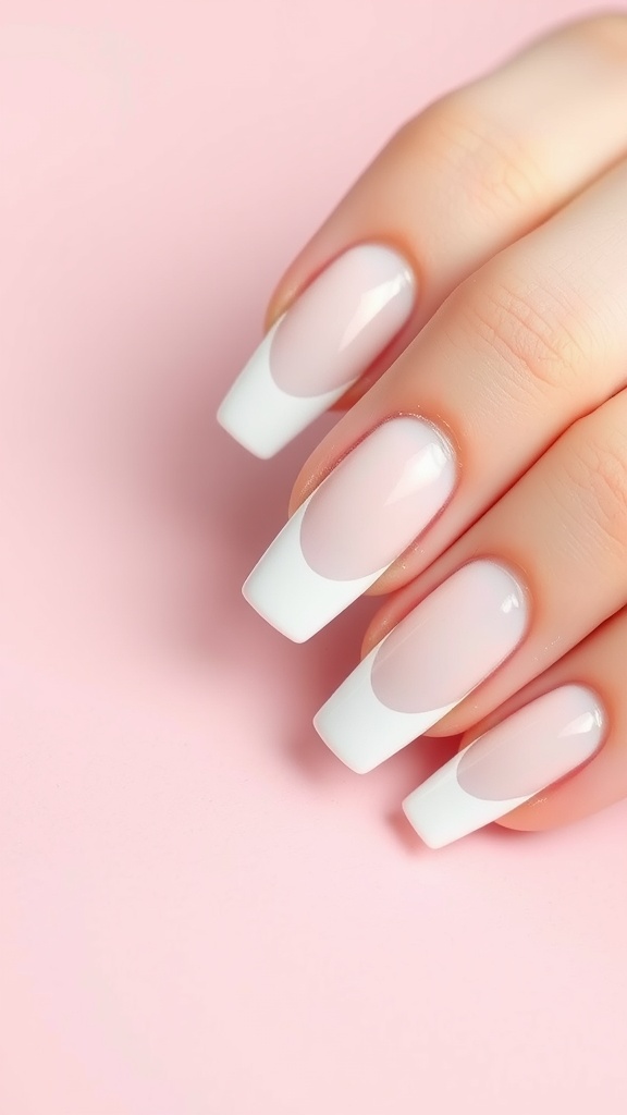 Elegant short square French tip nails with a pink background