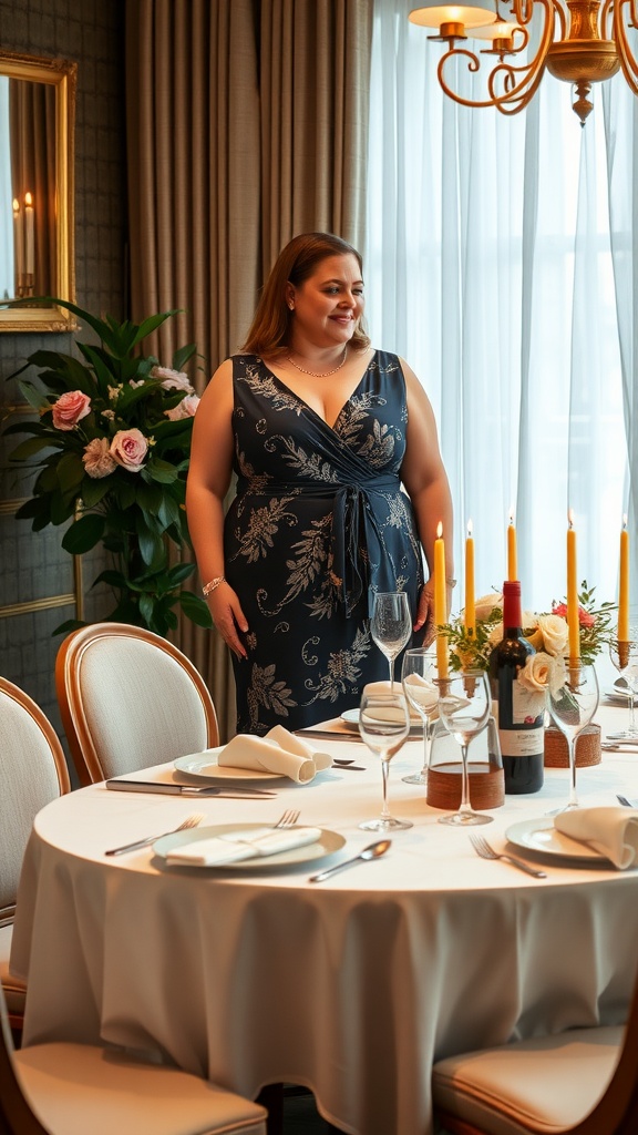 A plus-size woman wearing a floral wrap dress, standing next to a beautifully set dinner table.