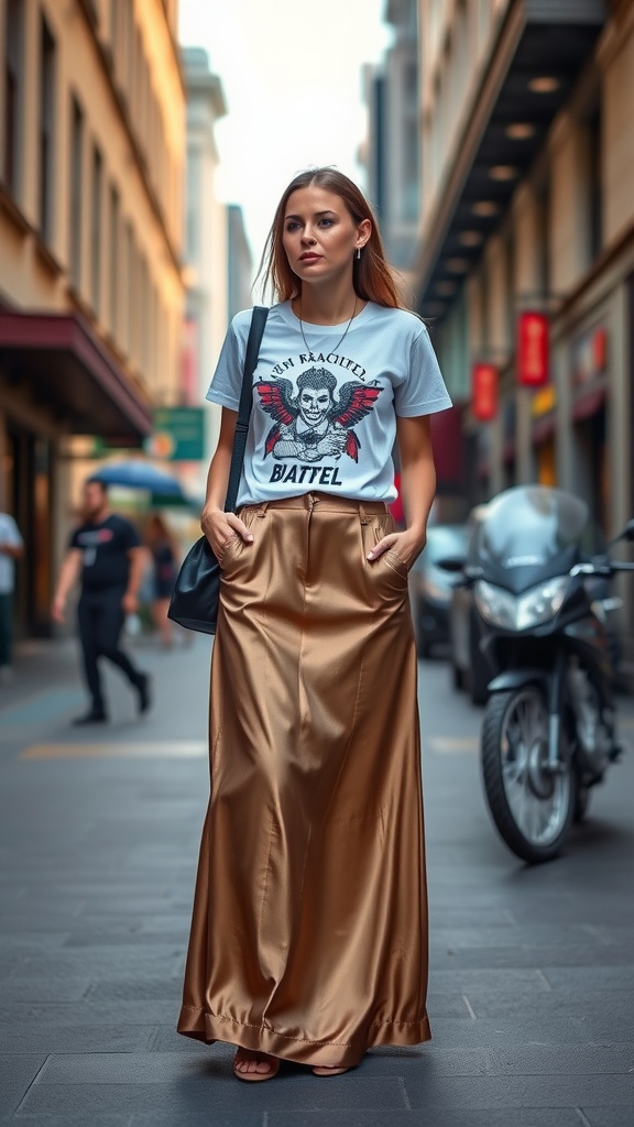 A woman wearing a light blue graphic tee and a satin maxi skirt, walking on a street.