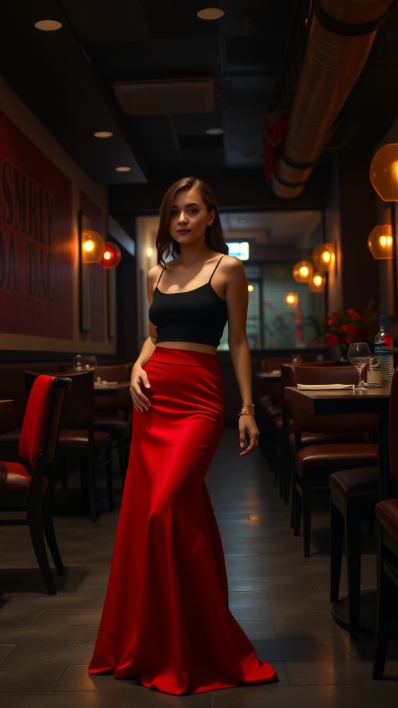 A woman in a black crop top and a red maxi skirt stands in a stylish restaurant.