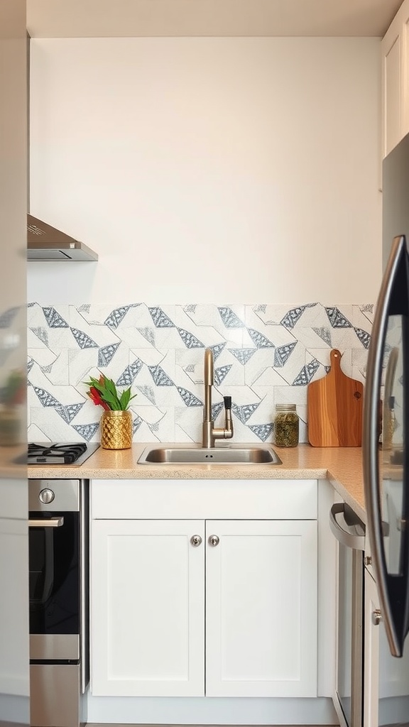 A modern small kitchen with a unique patterned backsplash, featuring a sink, stove, and stylish decor.