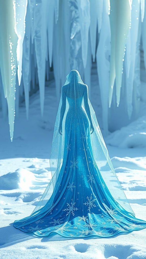 A figure in a stunning icy blue gown surrounded by icicles and snow.