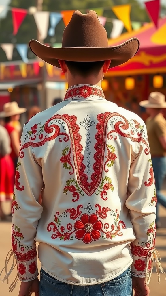 A person wearing a beautifully embellished western shirt with floral designs and a cowboy hat, standing in a festival setting.