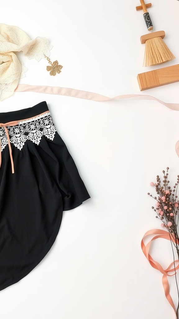 A black wrap skirt with lace detailing, a pink ribbon, and decorative items like flowers and a brush.