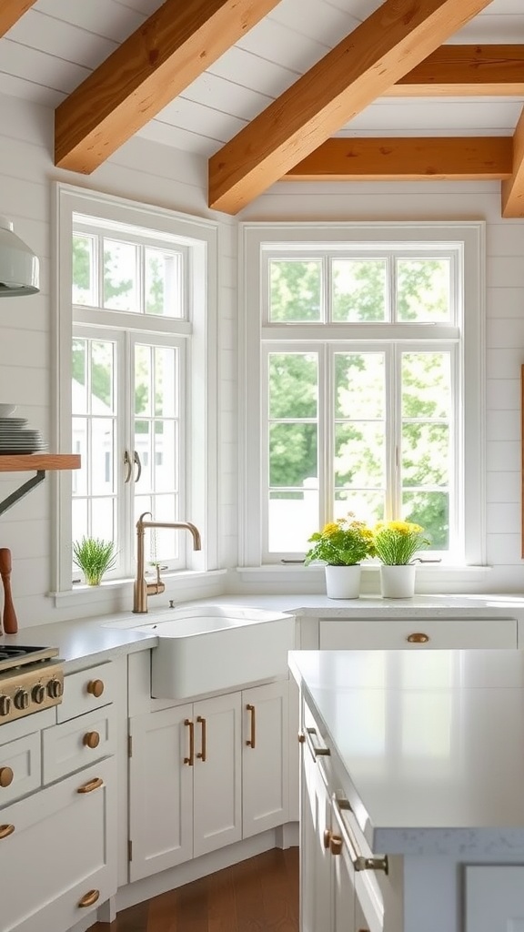 Bright white farmhouse kitchen with wooden beams and large windows showcasing natural light.