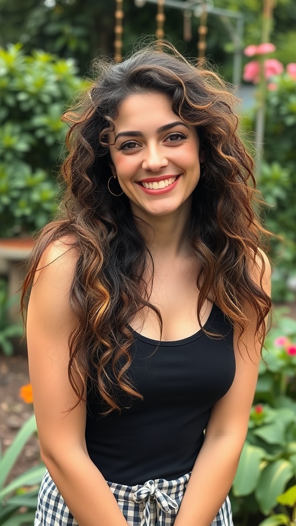 Woman with long curly hair styled in a mullet, smiling in a garden