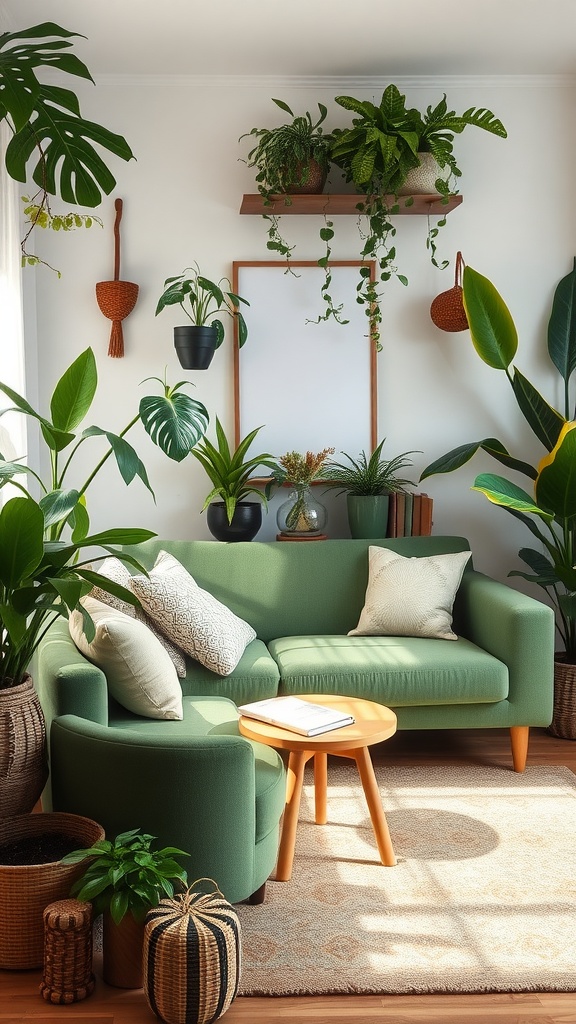 A cozy living room featuring a green couch surrounded by various houseplants, a wooden coffee table, and soft pillows.