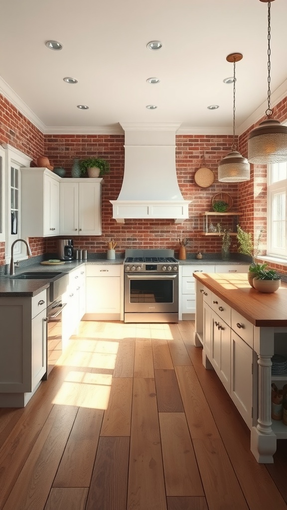 A cozy farmhouse kitchen featuring a brick backsplash, white cabinetry, and wooden accents, filled with natural light.