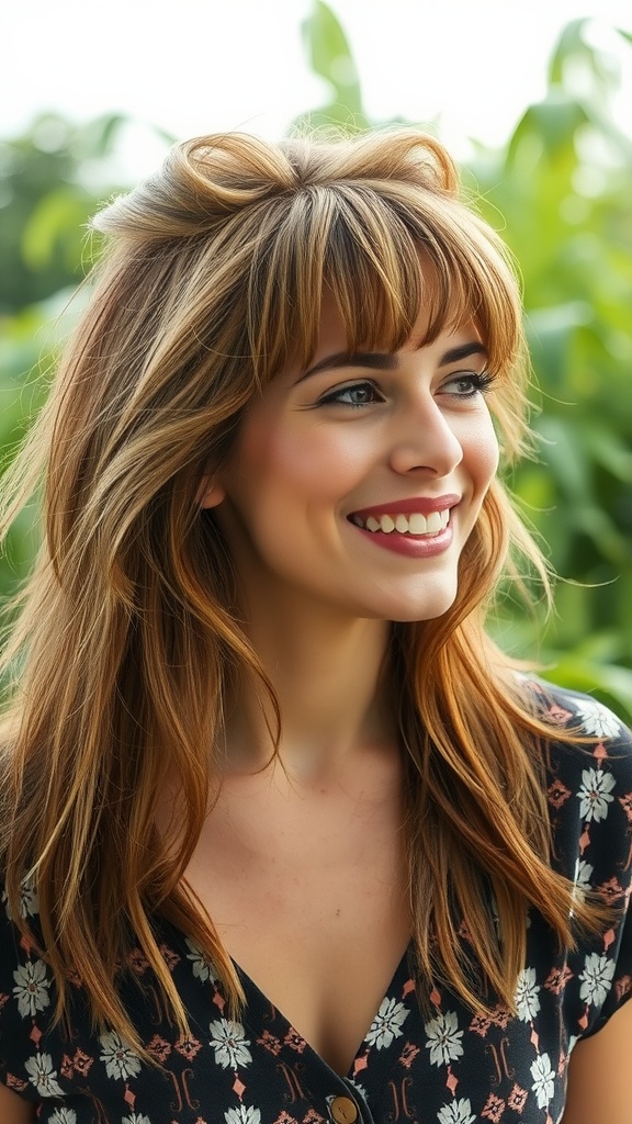 A woman with a soft mullet hairstyle, smiling outdoors.