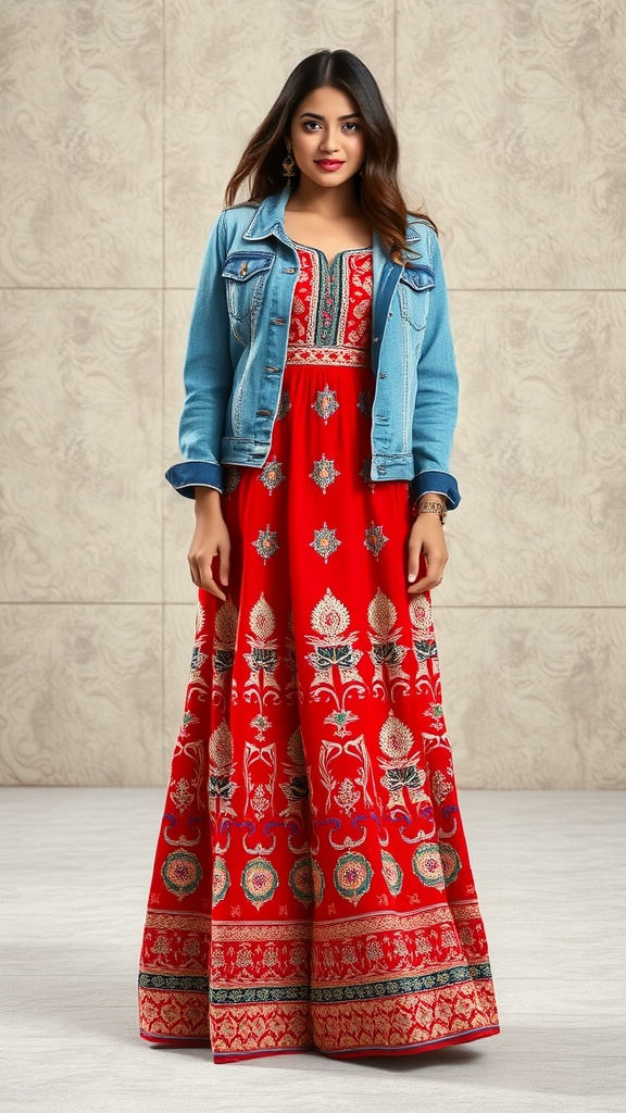 A woman wearing a red embroidered Anarkali dress with a denim jacket.