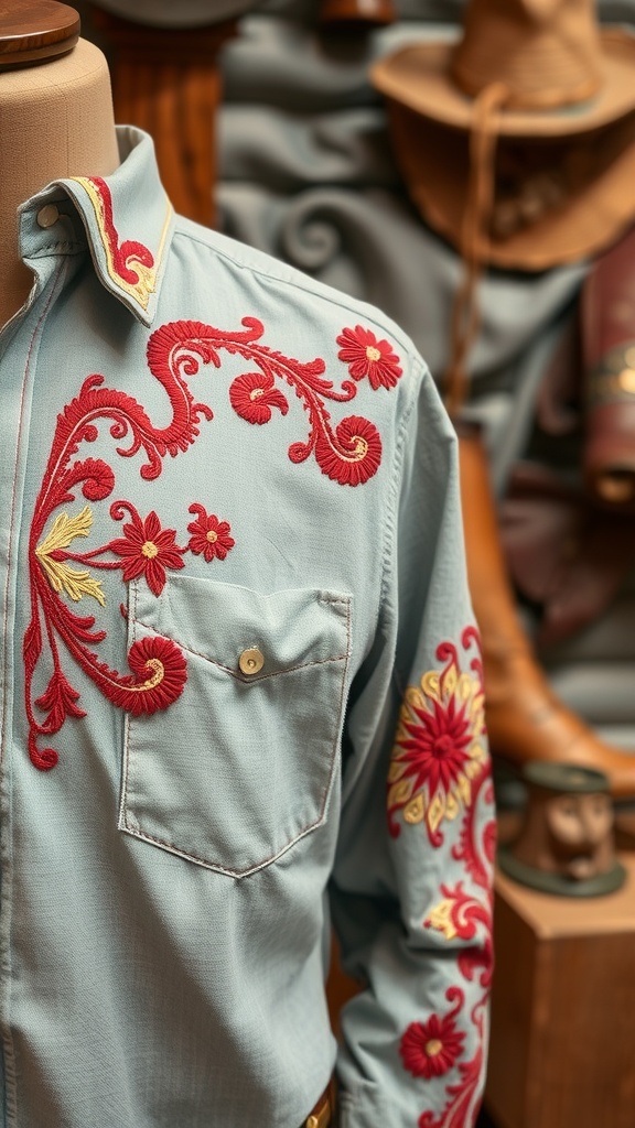 A close-up of a light blue embroidered shirt featuring red and yellow floral designs.