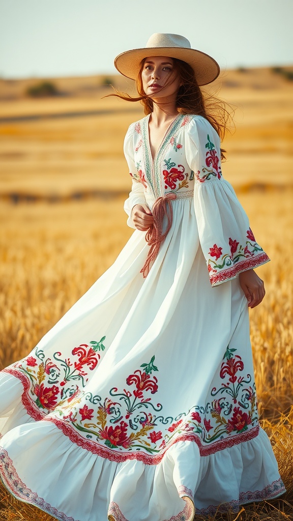 Model wearing a white embroidered dress and a wide-brimmed hat in a field
