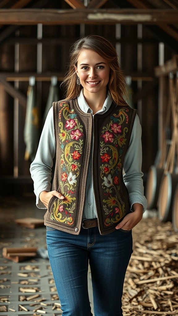 A woman wearing an embroidered vest with floral designs, smiling in a rustic setting.