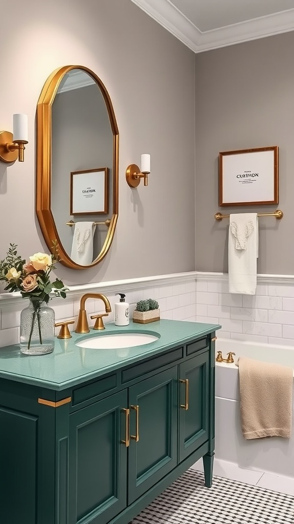 Emerald green bathroom vanity with gold fixtures and decorative elements.