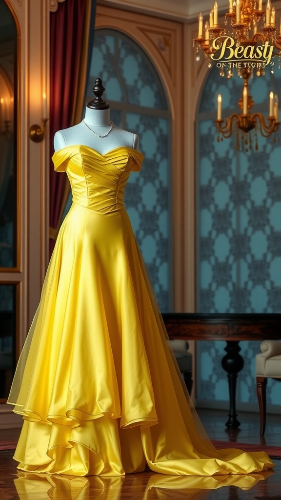 A vibrant yellow off-shoulder dress inspired by Belle from Disney's Beauty and the Beast, displayed elegantly.