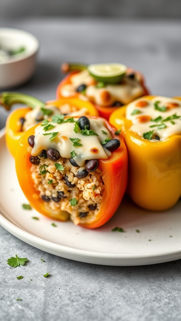 Three stuffed yellow peppers filled with rice and black beans, topped with cheese and garnished with cilantro.