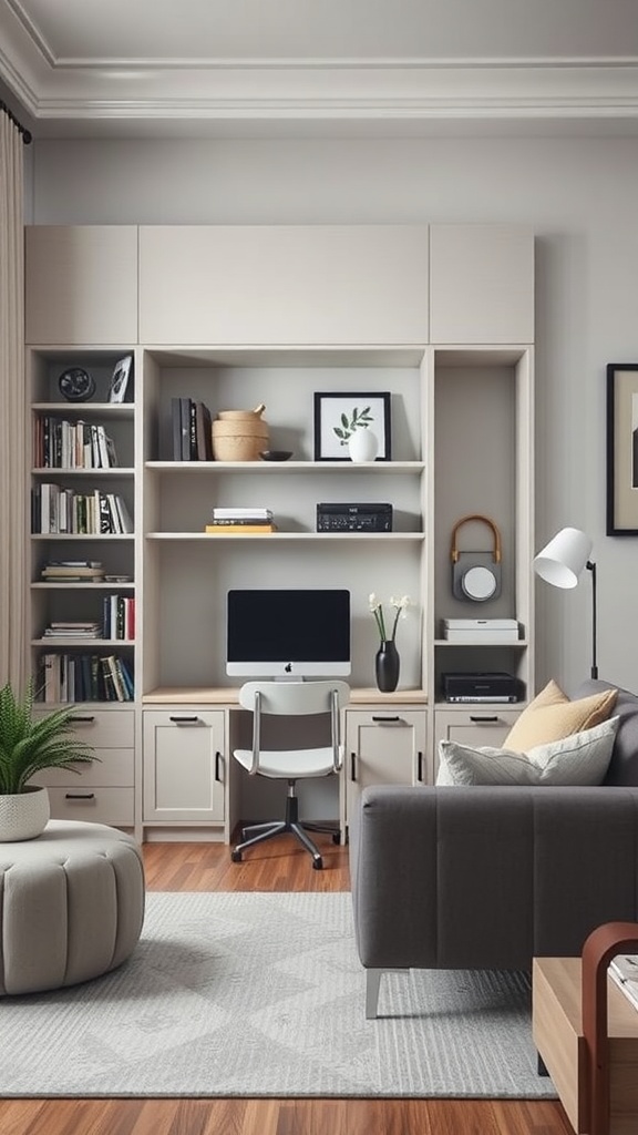 A modern living room featuring built-in shelves and a workspace area with a computer and chair.