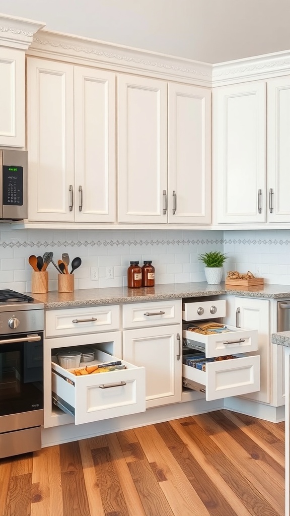 A modern kitchen featuring white cabinets, a countertop, and open drawers displaying kitchen items.