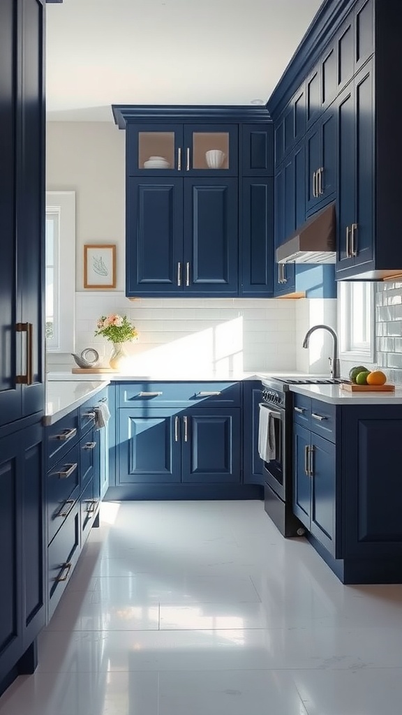 A bright kitchen featuring navy blue cabinets with white countertops and abundant natural light