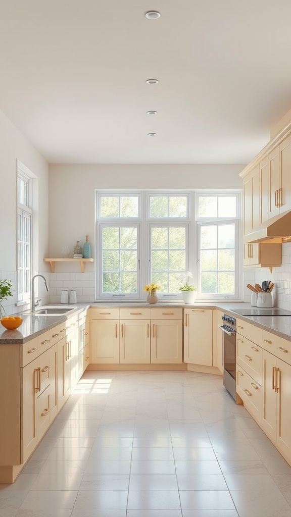 Bright beige kitchen with large windows and natural light
