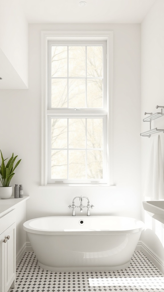 Bright bathroom with a window above a freestanding tub and a modern design.