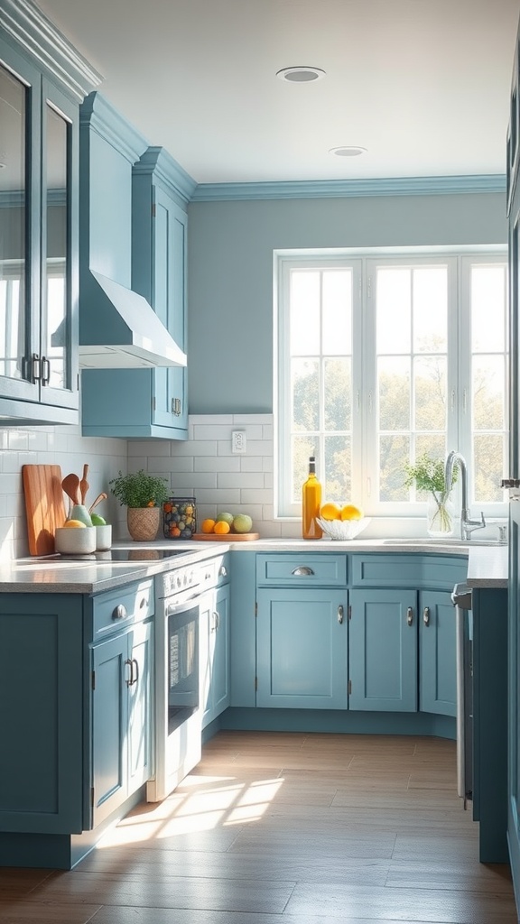 A bright kitchen featuring blue cabinets, large windows, and natural light.