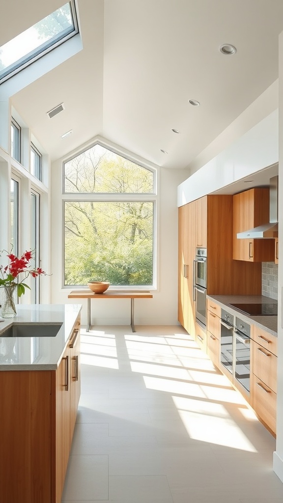 A bright kitchen featuring maple cabinets and large windows allowing natural light to fill the space.