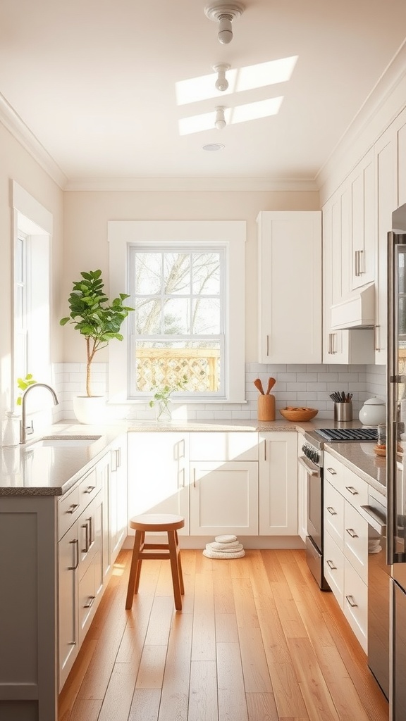 Bright kitchen with white oak cabinets, natural light through window, wooden floor, and plant decor.