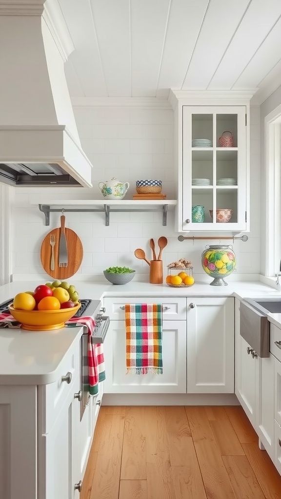 A bright white farmhouse kitchen with colorful accents, including a checkered towel and a bowl of fruit.