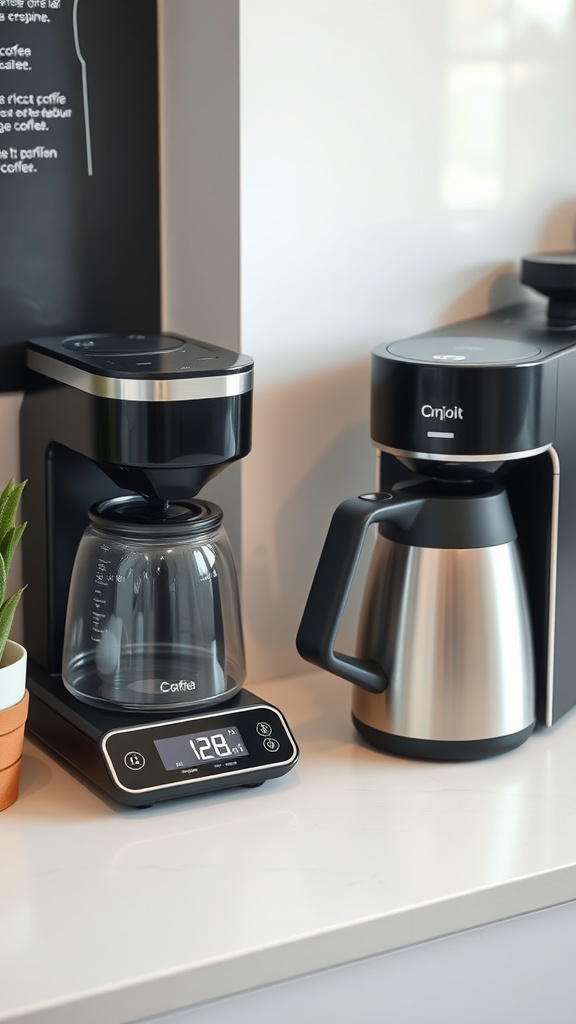 A modern coffee station featuring a digital coffee maker and kettle on a countertop