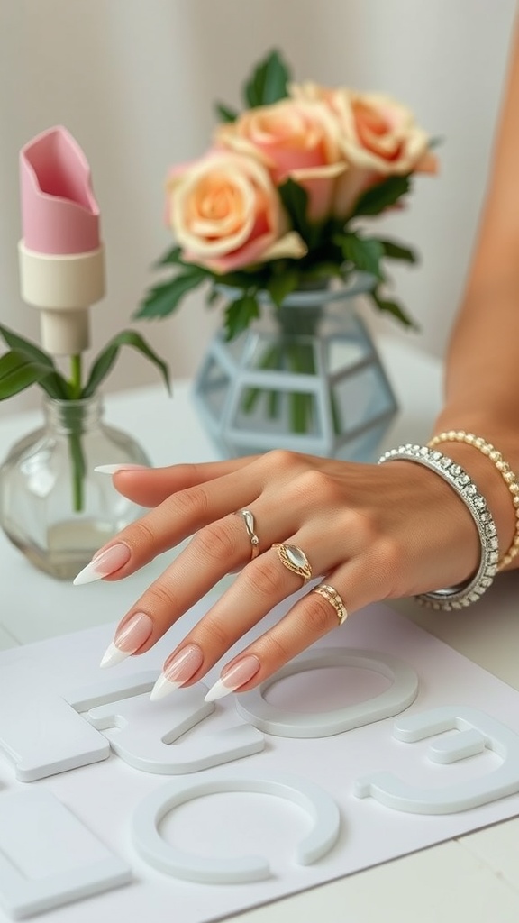 A hand with nude acrylic nails featuring white tips, adorned with rings, next to a vase with roses.