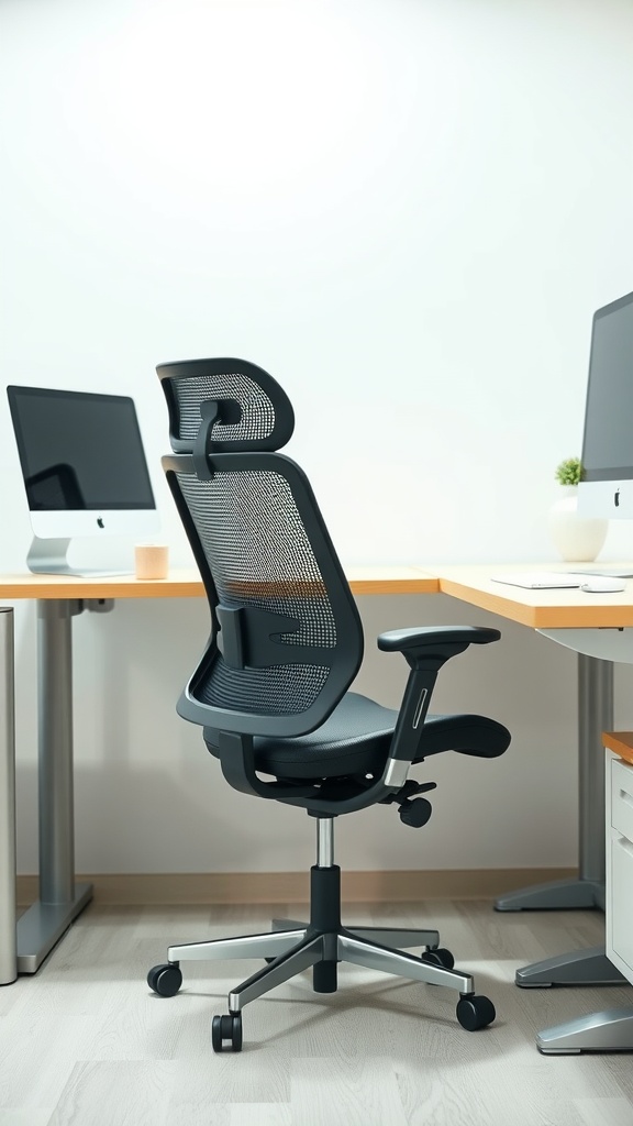 A modern ergonomic office chair in a small home office setup.