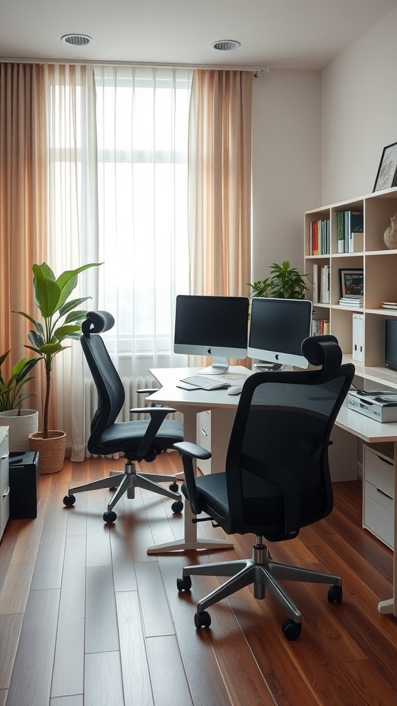 A modern home office with ergonomic chairs and a minimalistic desk, featuring plants and natural light.