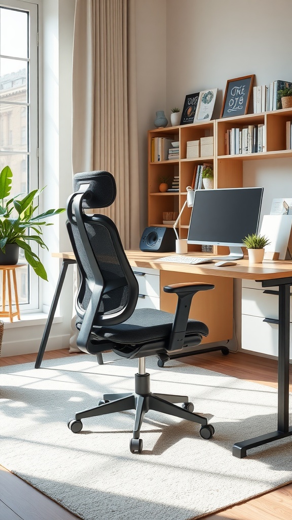 A modern home office featuring an ergonomic chair and a tidy desk with natural light and plants.