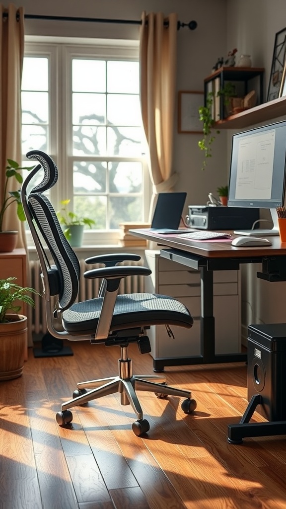 A small home office featuring an ergonomic chair, desk, and plants.