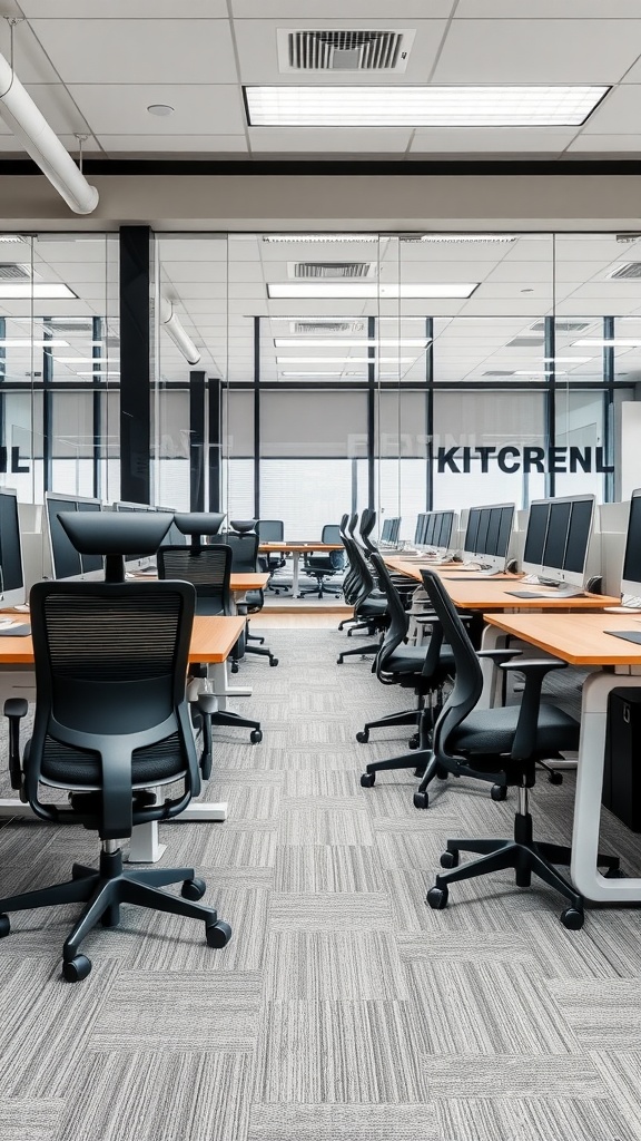 A modern office space with ergonomic chairs and desks, promoting comfort and productivity.
