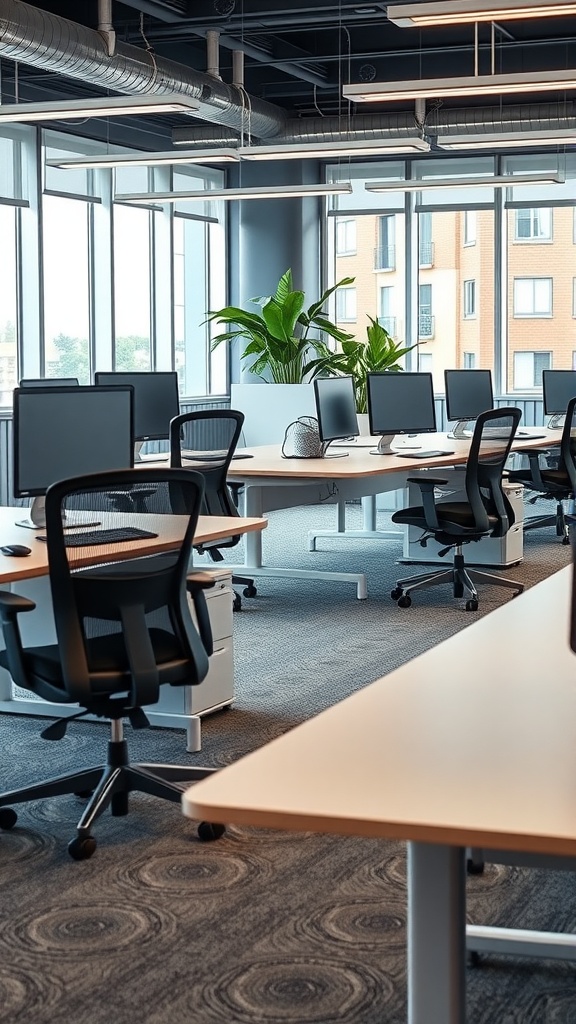 A modern ergonomic office setup with chairs, desks, and plants, featuring large windows for natural light.