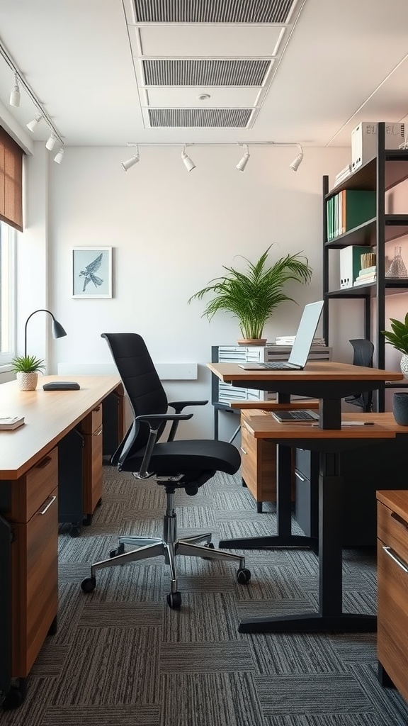 A modern home office featuring an ergonomic chair, adjustable standing desk, and organized storage.